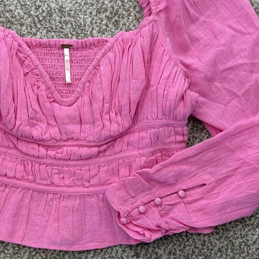 Free People Blouse Women M Pink Smocked Puff Sleeve Boho Top Festival Barbiecore